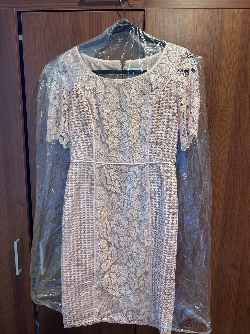 Nue by Shani Blush Lace Midi Dress with Floral Crochet Panels